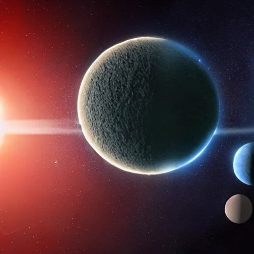 Image similar to A spooky alien planet with two moons, one red and one blue, in the background, Volumetric lighting, Planet texture, 4K, by H. R. Giger and Ridley Scott