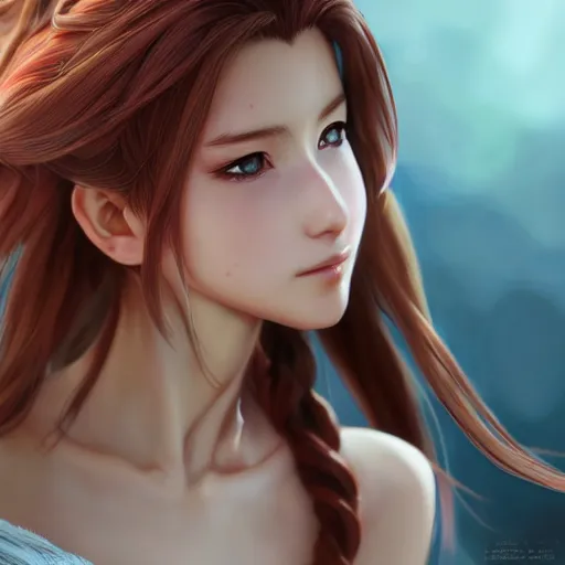 Image similar to head and shoulders of aerith ff7 by wlop, rossdraws, mingchen shen, bangkuart, sakimichan, yan gisuka, jeongseok lee, artstation, 4k