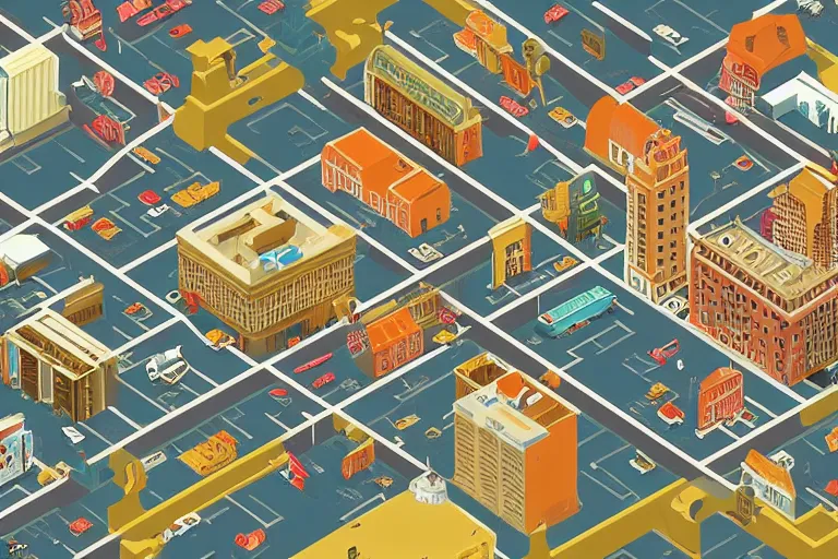 Prompt: highly detailed isometric illustration of a city scape in the style of Wes Anderson, hyperrealistic, photorealistic, artstyle, highly detailed, sharp
