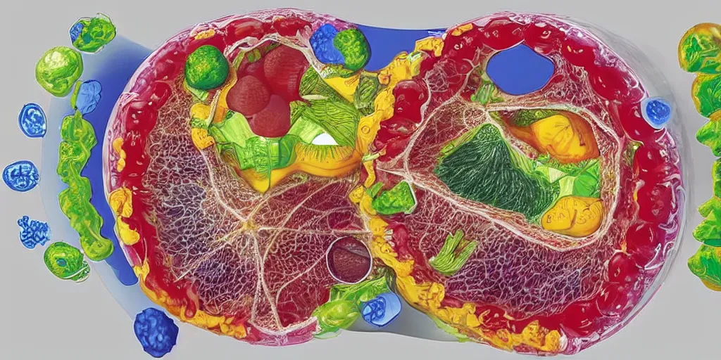 Image similar to cutaway of the interior of a human cell, showing the nucleus and organelles, made of fruit floating in jello