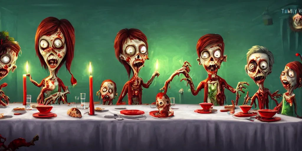 Image similar to a zombie family christmas diner, wide angle, super highly detailed, professional digital painting, artstation, concept art, smooth, sharp focus, no blur, no dof, extreme illustration, unreal engine 5, photorealism, hd quality, 8 k resolution, cinema 4 d, 3 d, beautiful, cinematic, art by tim burton