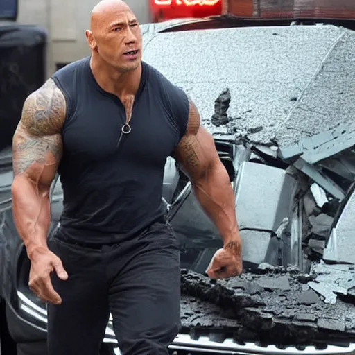 Image similar to breaking news, Dwayne the rock Johnson has become the Incredible Hulk and is bringing destruction to New York City as he smashes pavement and flips cars