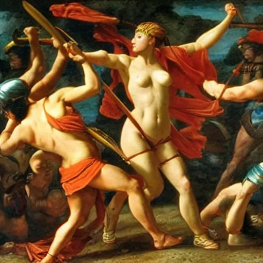 Image similar to muscular warrior women, amazonian warrior women, women fighting men, muscular men, spartan warrior men, clashing in bloody field, art by jacques - louis david