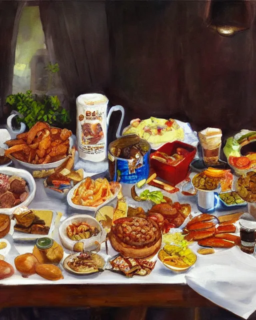 Prompt: a painting of a table full of british foods, concept art by taro yamamoto, pixiv contest winner, auto - destructive art, official art, concept art, pixiv