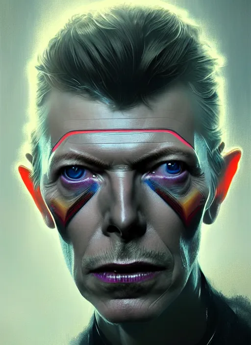 Prompt: portrait of a david bowie cyborg, victorian, concept art, detailed face, fantasy, close up face, highly detailed, cinematic lighting, digital art painting by greg rutkowski