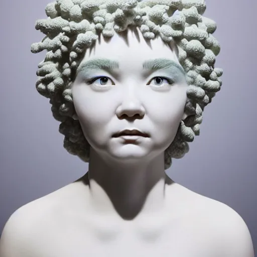 Prompt: vaporwave, full head and shoulders, bjork porcelain sculpture, smooth, delicate facial features, white eyes, white lashes, detailed white, lots of white coral sea elements, fish, sea anemones, all white features on a white background, by daniel arsham and james jean