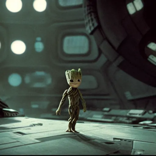 Image similar to Film still of Baby Groot walking around on the Death Star, from Star Wars (1977)