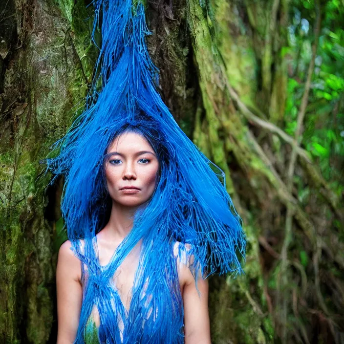 Image similar to closeup portrait of a woman wrapped in blue fiber, standing in a rainforest, color photograph, by vincent desiderio, canon eos c 3 0 0, ƒ 1. 8, 3 5 mm, 8 k, medium - format print