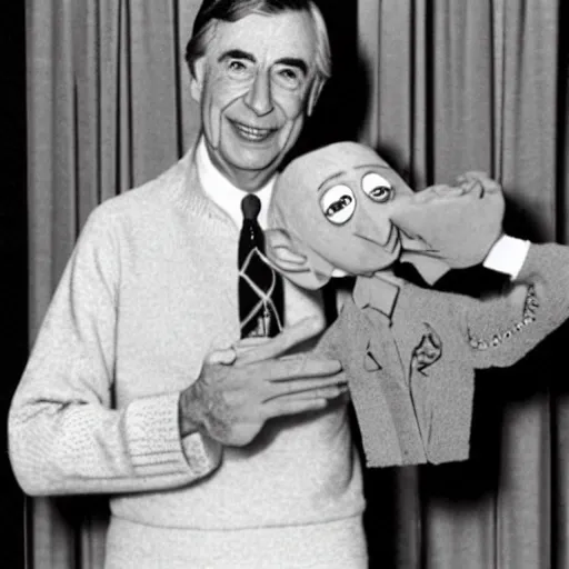 Image similar to mr. rogers proudly displaying a hand - carved mr. rogers marionette. 1 9 7 0 s photo.