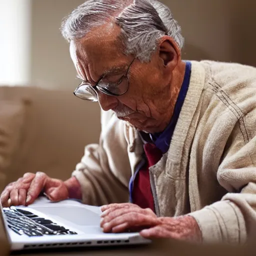 Image similar to elderly man sitting inside a casket browsing internet on laptop from a casket casket