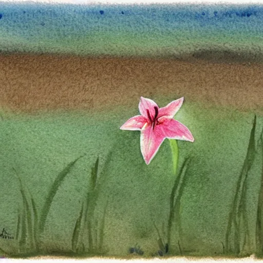 Image similar to a lone lily growing in a field of mud, realistic watercolour