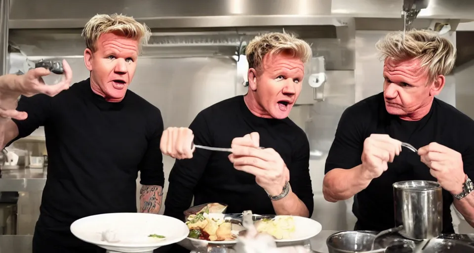 Prompt: gordon ramsay and gordon ramsay nervously showing the camera a dish that each of them prepared