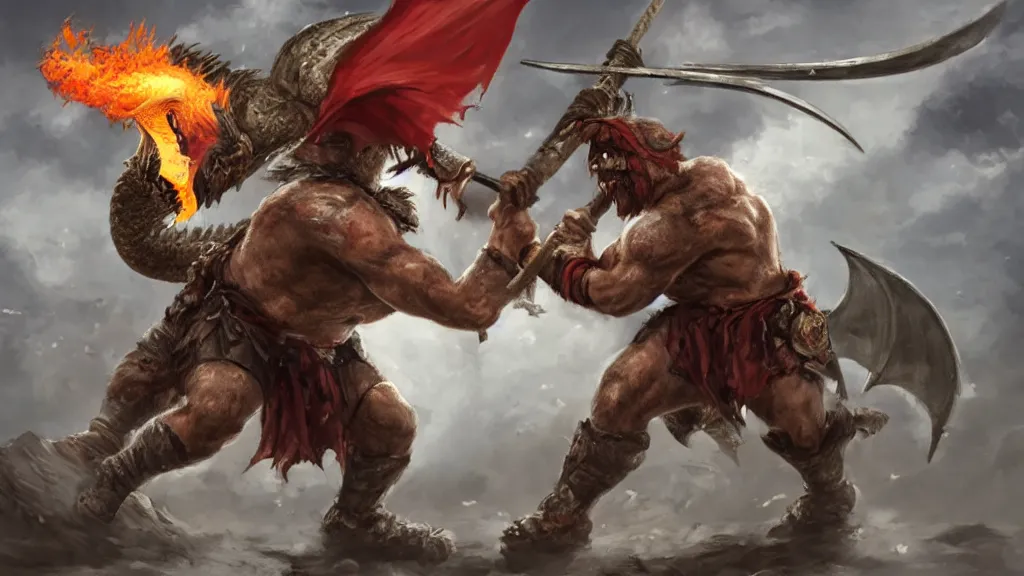 Image similar to a barbarian wielding an axe fighting a dragon