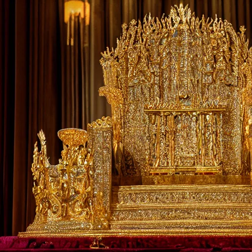 Prompt: shining majestic throne made of millions of diamonds, gold and zaphires with thousands of light reflections