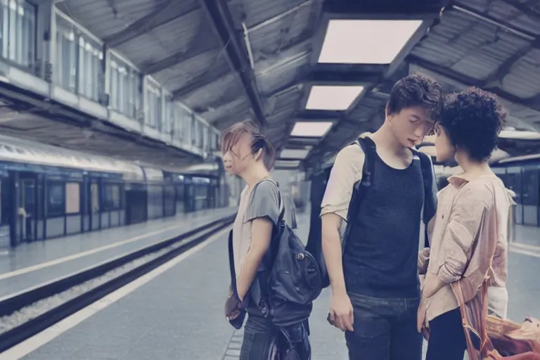 Image similar to vfx movie couple in a train station flat color profile low - key lighting cinematography atmospheric cool color - grade