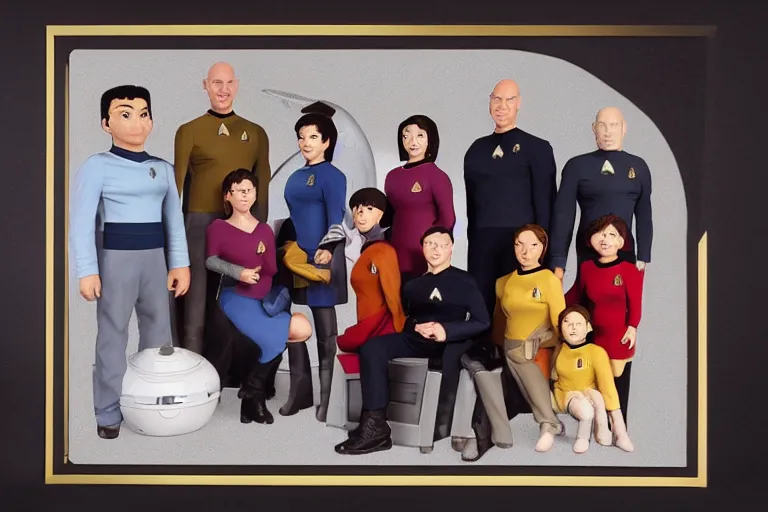 Image similar to star trek next generation enterprise - d bridge crew, captain picard in center, family portrait, in style of studio ghibli