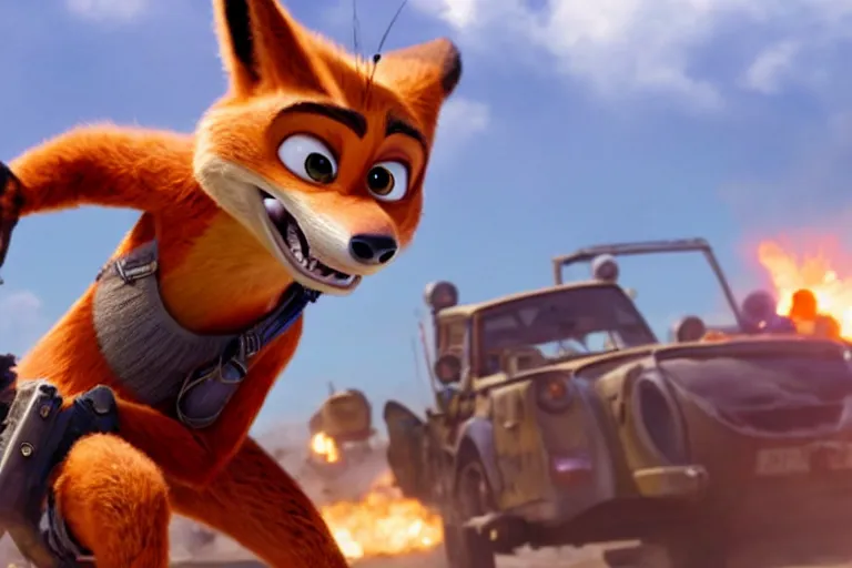 Image similar to nick wilde ( from zootopia ), heavily armed and armored facing down armageddon in a dark and gritty reboot from the makers of mad max : fury road