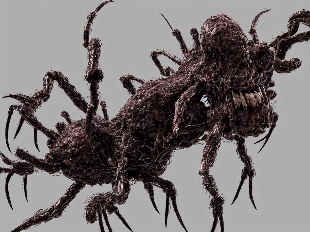 Image similar to Techno-biological iron-meat cat spider. Consisting of tumors, fur, veins, guts, long spider paws, kidneys, wires, shafts. The head is made of mechanisms and a fanged maw. Bodyhorror, biopunk, extremely high detail, ultra realistic, photorealism, concept art, octane render, view from a distance, 8k, 16k