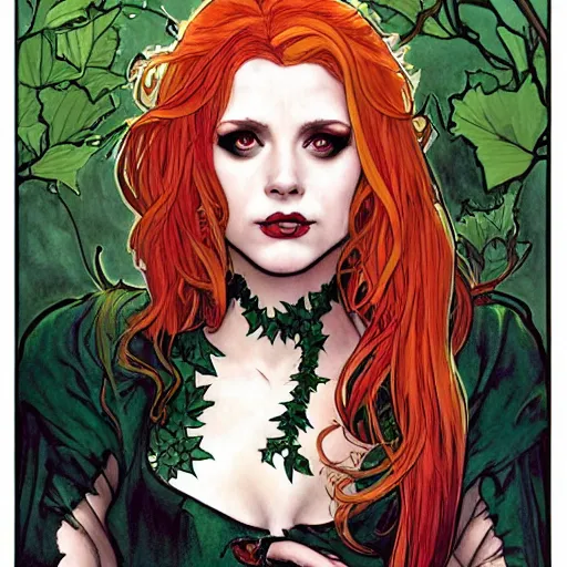 Image similar to a beautiful painting buffy the vampire slayer as poison ivy, dark eyeliner, intricate, elegant, highly detailed, digital painting, artstation, concept art, matte, sharp focus, illustration, art by rebecca guay and by arthur rackham and by alphonse mucha and by john william waterhouse