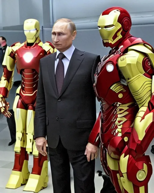 Prompt: vladimir putin wearing a military exoskeleton, iron man, ukraine