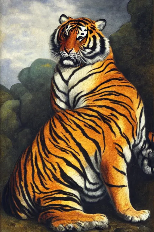 Image similar to a fat cartoon female tiger, 8 k, hdr, great light, gustave courbet, annie leibowitz