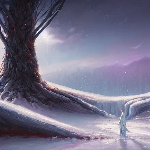 Prompt: winter frozen detailed landscape painting of Irreconcilable Personification by Anato Finnstark, Noah Bradley, Raymond Swanland, and Steven Belledin, 8k resolution, deviantart, trending on Artstation, concept art, digital illustration