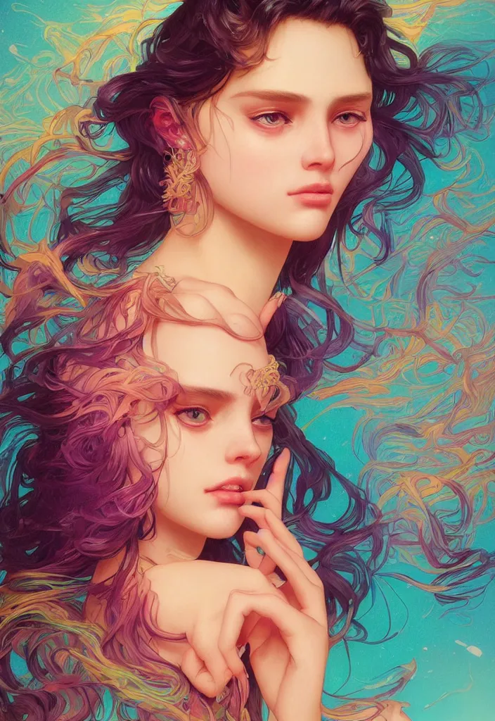 Image similar to beautiful, young woman, detailed gorgeous face, vaporwave aesthetic, synthwave, colorful, psychedelic, broken beaten, sadness, crying, artstation, concept art, smooth, extremely sharp detail, finely tuned detail, ultra high definition, 8 k, unreal engine 5, ultra sharp focus, illustration, art by artgerm and greg rutkowski and alphonse mucha