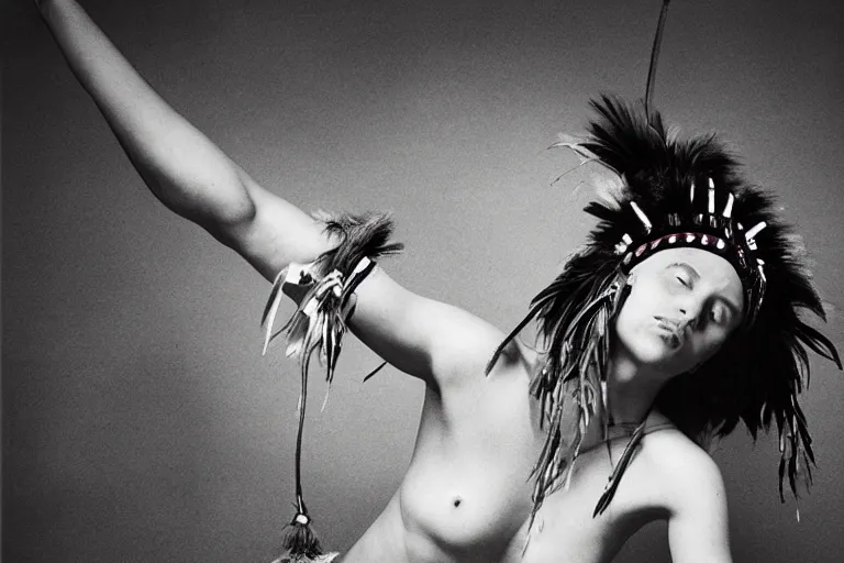 Prompt: a woman in a buffalo headdress reclining on the ground with one leg in the air, cosplay, photoshoot, studio lighting, photograph by Bruce Weber