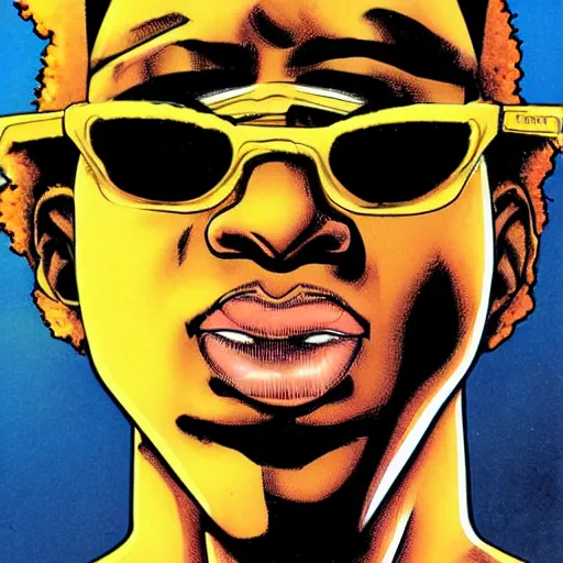 Prompt: a cool freckle-faced black dude wearing shades with a golden afro by masamune shirow