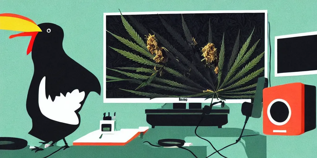 Image similar to 'black chicken'!!! smoking 'cannabis'!!!!!! in front of 'audio console'!!!! and 'multi monitors'!!!! 'in a hi-tech tv broadcasting studio'!!!!, artwork by James Gilleard