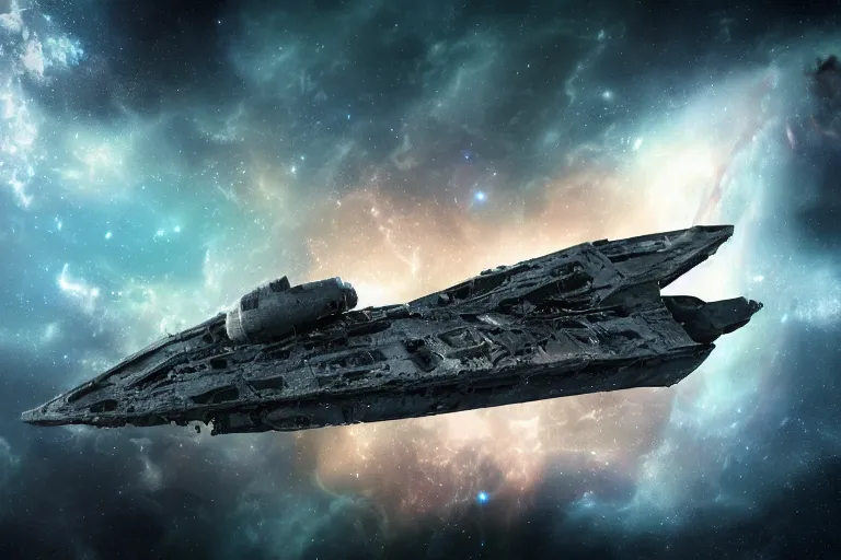 Image similar to matte painting of a destroyed spaceship floating in deep space