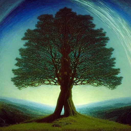 Prompt: a cosmic life tree by caspar david friedrich and albert bierstadt, digital art, artstation, low angle,