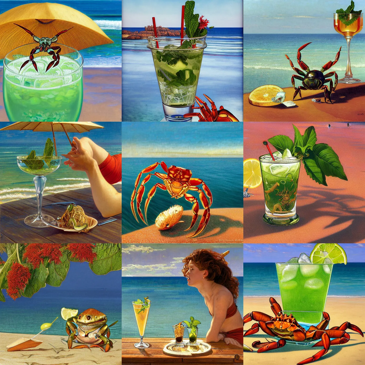 Prompt: a crab drinking a mojito at the beach, golden hour, depth of field, zeiss lens, detailed, donato giancola, Dante Gabriel Rossetti, alphonse mucha, Joseph Christian Leyendecker, WLOP, Boris Vallejo, Annie Leibovitz and Steve McCurry, David Lazar, Jimmy Nelsson, Breathtaking, 8k resolution, extremely detailed, beautiful, establishing shot, artistic