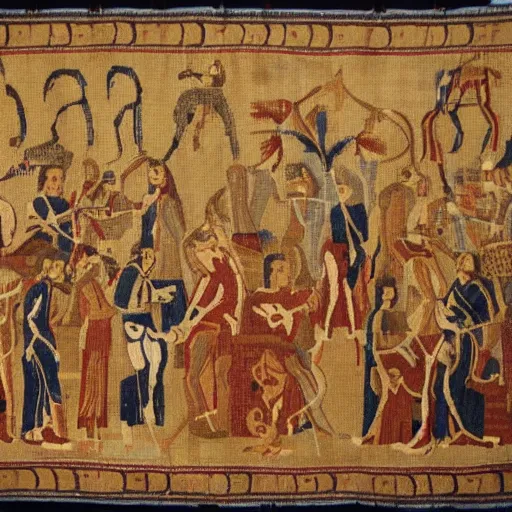 Image similar to ancient tapestry of an absolutely chaotic nightclub scene