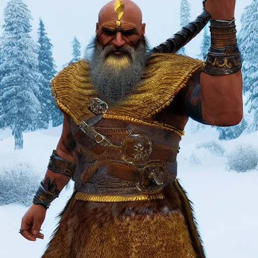 Prompt: highly detailed concept art golden kratos beard strong viking old golden armor in snow walking 8 k, unreal engine 5