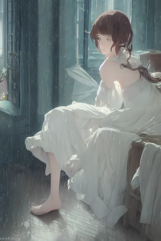 Image similar to a girl in a maid's outfit in the bedroom a night, raining outside the window, wavy white long hair, by krenz cushart and mucha and akihito yoshida and greg rutkowski and makoto shinkai and rella, detailed eyes, 4 k resolution