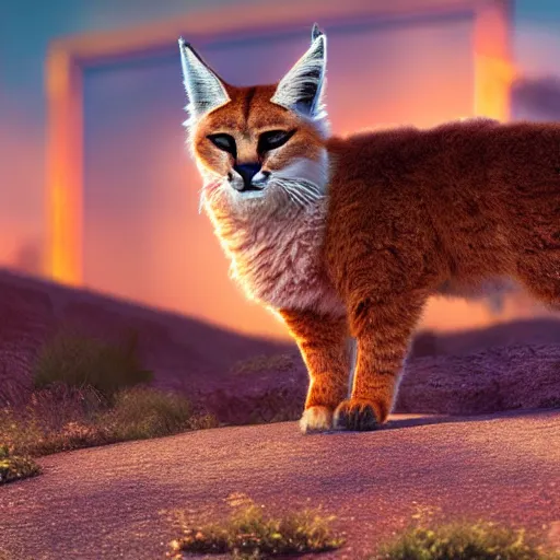 Prompt: a cute fluffy caracal in a sunset light landscape with historical route 6 6, lots of sparkling details and sun ray ’ s, blinding backlight, smoke, volumetric lighting, colorful, octane, 3 5 mm, beautiful epic colored reflections, very colorful heavenly, softlight