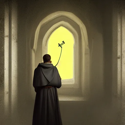 Prompt: A terrified catholic priest in his twenties at the top of a medieval tower watches as an ominous yellow shadow descends upon him from the night sky. He is een from above fervently praying. Dramatic lighting. Award-winning digital art, trending on ArtStation