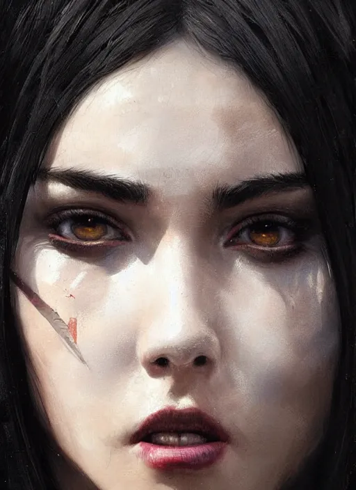 Prompt: a teenage angry girl with very short black hair and a huge cloak made of black feathers. beautiful highly detailed face. beautiful painting by artgerm and greg rutkowski and raymond swanland, detailed portrait, closeup