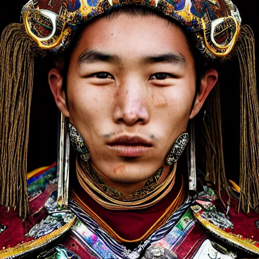 Image similar to a portrait of a beautiful young tibetan male wearing an alexander mcqueen armor , photographed by andrew thomas huang, artistic