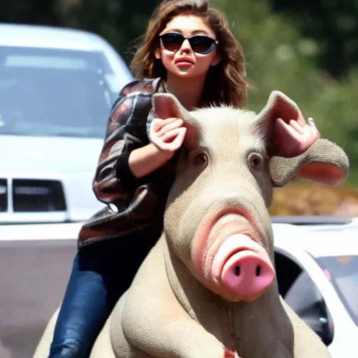 Image similar to sarah hyland riding on the back of a pig in traffic