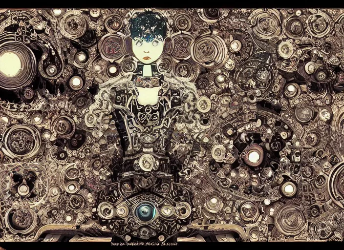 Image similar to baroque rococo bedazzled gothic royalty fractal frames surrounding a futuristic japanese cyberpunk bladerunner silk screen by utagawa yoshiiku, ohara koson, pixiv contest winner, cyberpunk style, horrorcore cyberpunk color scheme, mechanical, robotic, human machine interface, high resolution, hd, bold clear lines