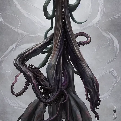 Prompt: an anime art piece by yuji ikehata and satoshi kon, of an ethereal ghostly wraith like figure with a squid like parasite latched onto its head and long tentacle arms that flow lazily but gracefully at its sides like a cloak, for a new resident evil village anime, with inspiration from bloodborne