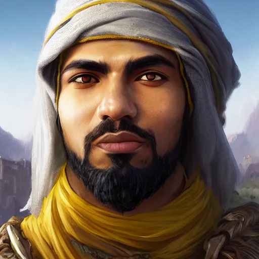 Image similar to portrait of young arabian nomad half wolf, with yellow cloths, league of legends splash art, hearthstone splash art, full body shot, rule of thirds, ultrafine hyperrealistic detailed face, artgerm, greg rutkowski, trending on artstation, 8 k, intricately detailed, highly detailed