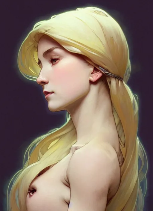 Image similar to digital character concept art by artgerm and greg rutkowski and alphonse mucha. clear portrait of a modern young wife blessed by god to uncontrollably grow overwhelmingly perfect!! blonde, worksafe! feminine well - formed holy body!! light effect. hyper detailed, glowing lights!! intricate, elegant, digital painting, artstation, smooth, sharp focus