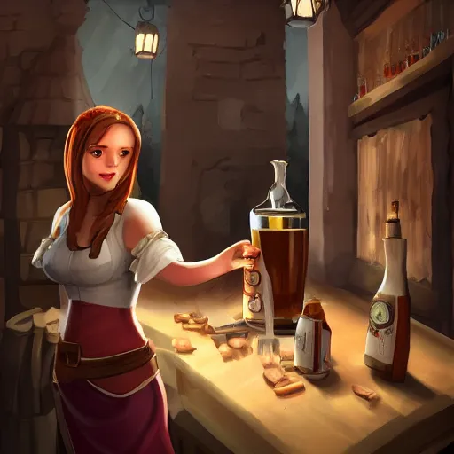 Image similar to medieval barmaid in tavern, trending on artstation