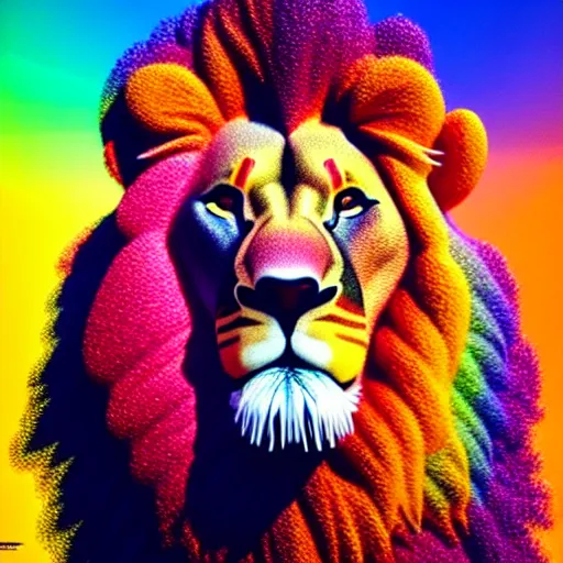 Image similar to lion made of rainbow sand, multicolor, colour in fringes, very colourful, volumetric light, cinematic, extremely detailed, cgi, trending on artstation, hyper realistic, hd wallpaper, sharp, michael whelan, ted nasmith