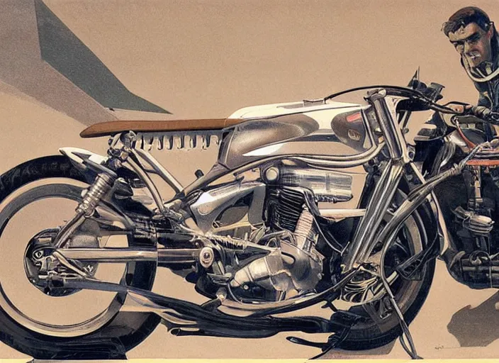 Prompt: ( ( ( ( ( classic star wars motorcycle concept art, 1 9 5 0 s scrambler, 1 9 6 0 s cafe racer, sci - fi illustration, painting, technical illustration ) ) ) ) ) by ralph mcquarrie!!!!!!!