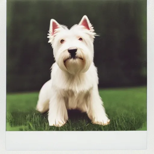 Image similar to west highland terrier, polaroid by Tarkowski, very realistic, highly detailed