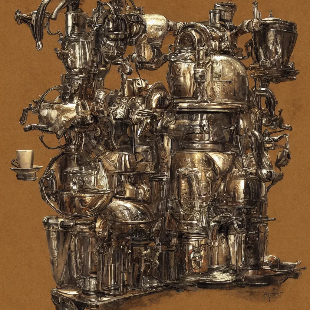 Image similar to highly detailed illustration of an ancient coffee machine, by Simon Stalenhaag, by Yoshita Amano, by Esao Andrews, sharp focus, fresh colors, conceptart, trending on artstation